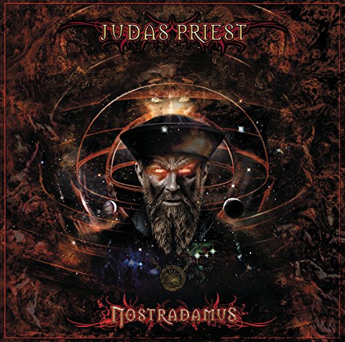 Judas Priest’s “Nostradamus” album cover featuring a bearded man and cosmic imagery.