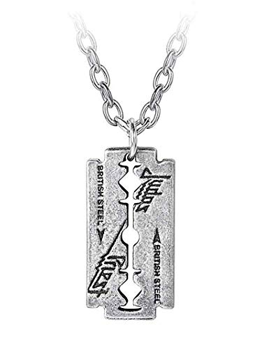 Silver-coloured razor blade pendant on a chain, engraved with Judas Priest British Steel text.