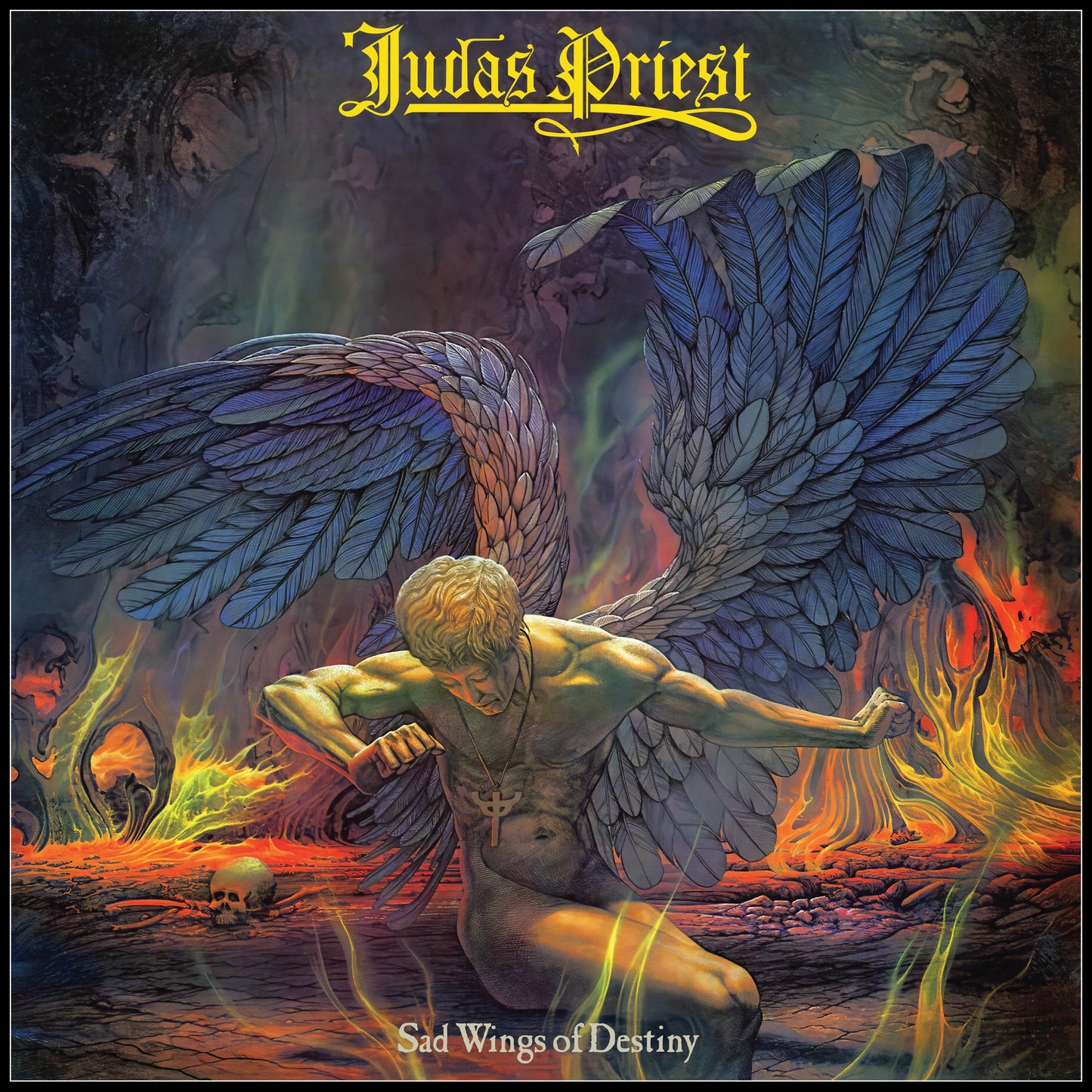 Album cover: Fallen angel with blue wings amidst fire and skulls.