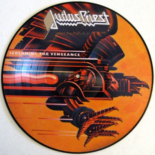 Judas Priest āScreaming For Vengeanceā vinyl record with a robotic, fiery design.