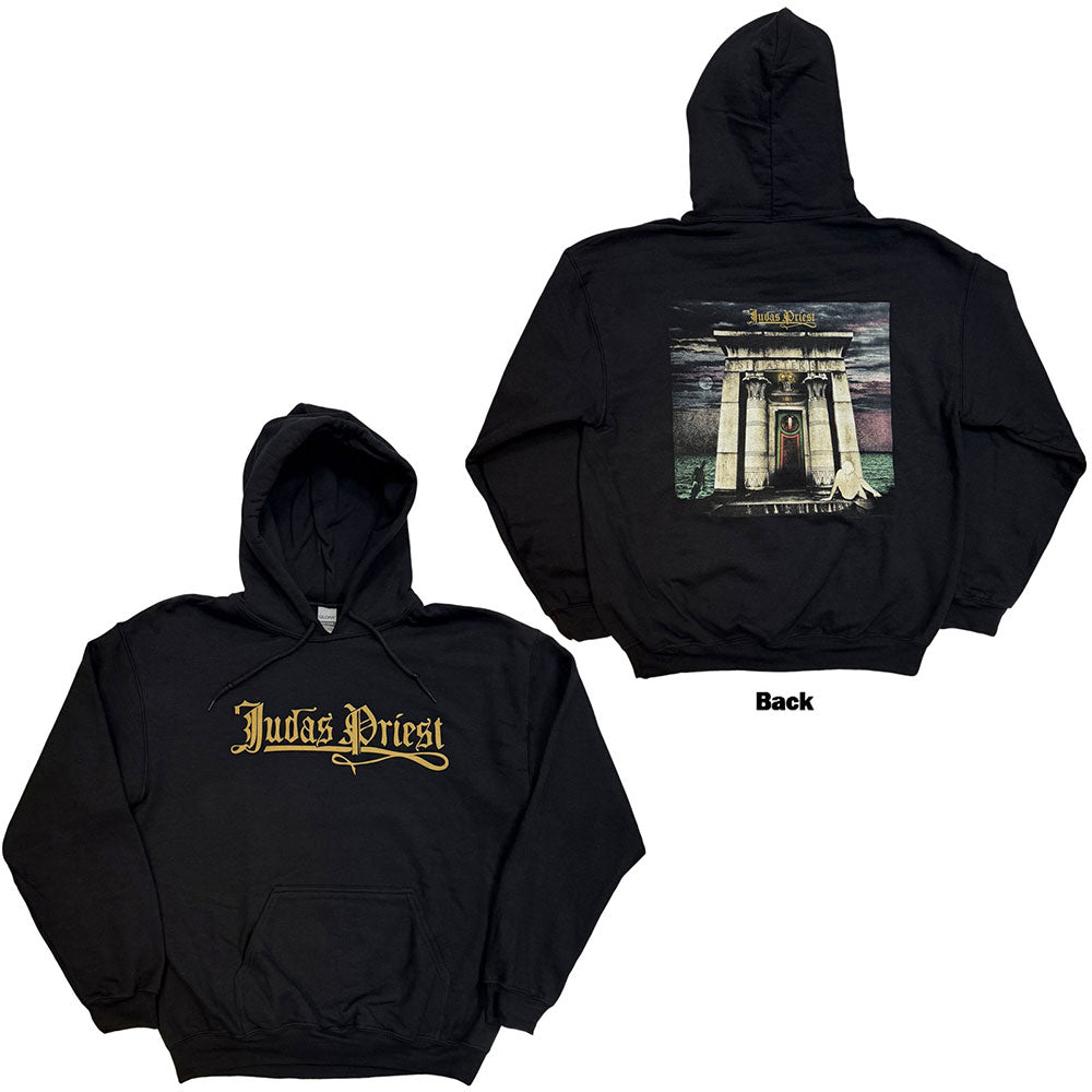 Black unisex pullover hoodie featuring the Judas Priest Sin After Sin logo and album art.