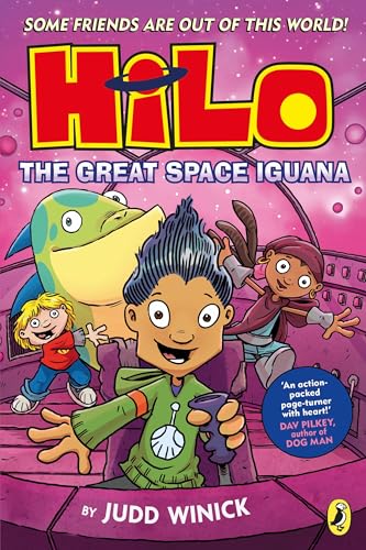 Book cover featuring a green iguana and two children in space.
