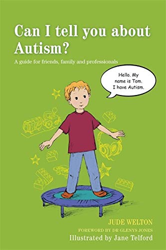 Book cover featuring a boy on a trampoline with a speech bubble about autism.