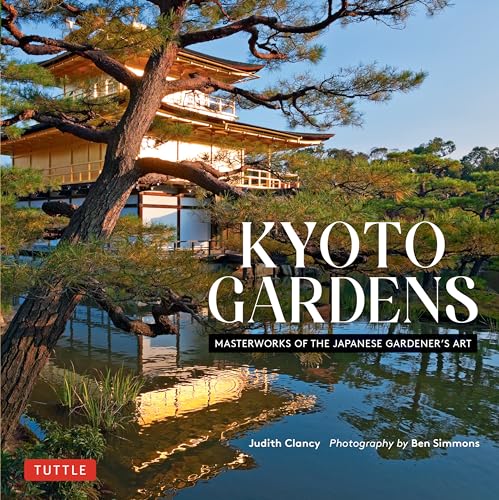 Japanese garden with traditional building reflected in water, book cover.