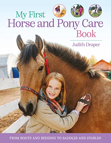 Book cover: girl hugs a brown horse, titled “My First Horse and Pony Care Book”.