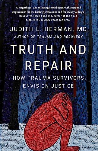 Book cover featuring a red mosaic figure crouching against a dark blue forest background.