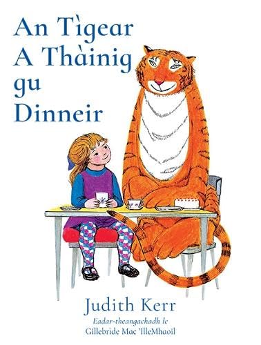Colourful children's book cover featuring a tiger and a young girl at a table.