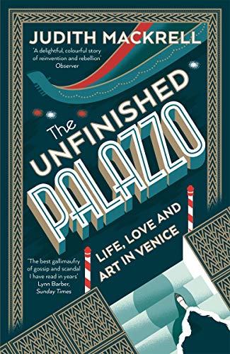 Book cover for The Unfinished Palazzo featuring stylized Venetian canal imagery and decorative borders.