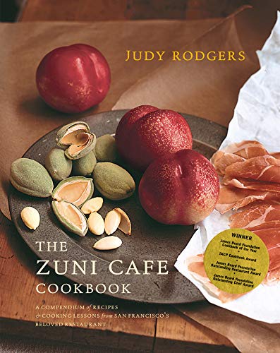 Cookbook cover featuring fruit, prosciutto, and the title “The Zuni Cafe Cookbook.”