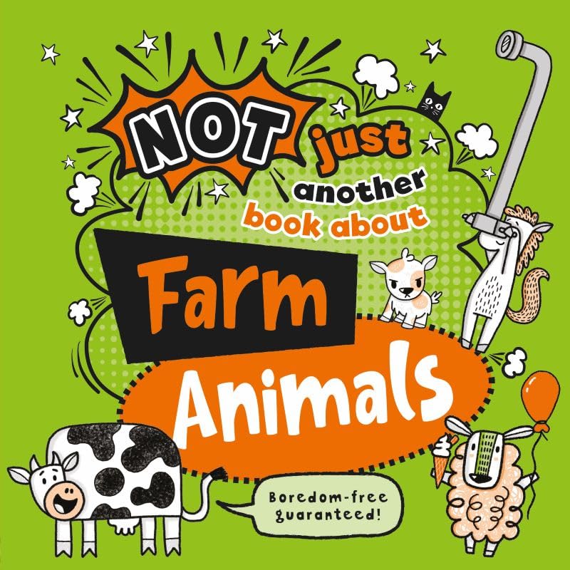 Bright green cover with cartoon farm animals and bold text.