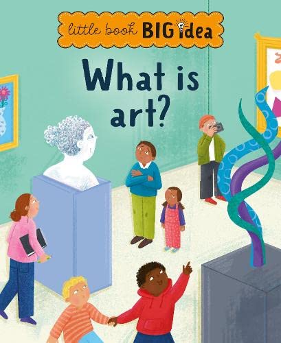 Children explore an art gallery with sculptures, paintings, and a large abstract display.