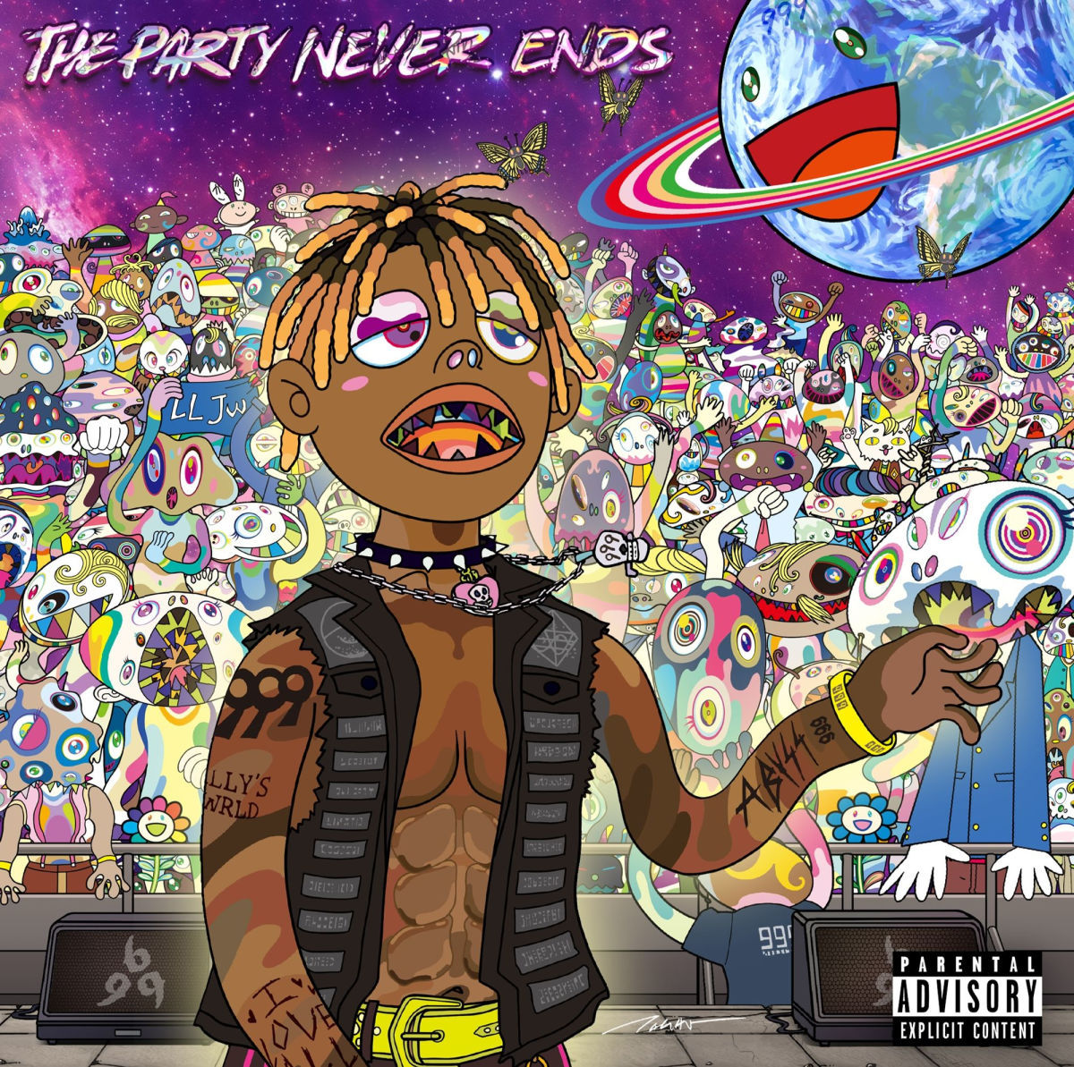 Juice WRLD album cover: colorful, illustrated portrait with surreal background.