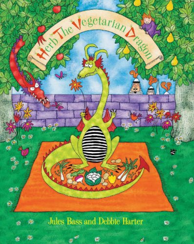 Green dragon with striped belly holding a flower in a garden.