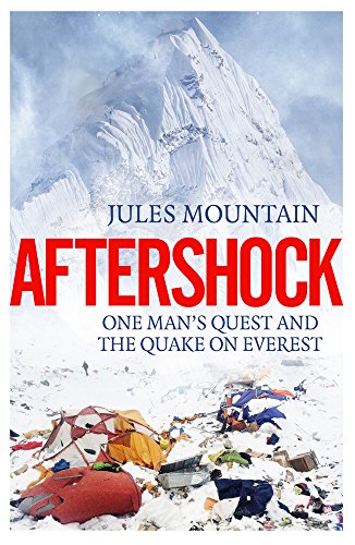 Book cover: Everest mountain backdrop, debris field, and bold red title “AFTERSHOCK”.