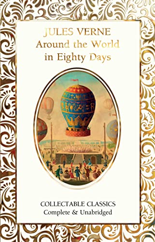 Book cover: “Around the World in Eighty Days” with hot air balloons.
