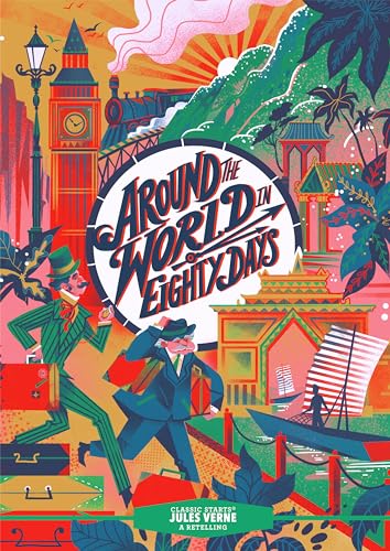 Book cover for “Around the World in Eighty Days” with travelers and landmarks.