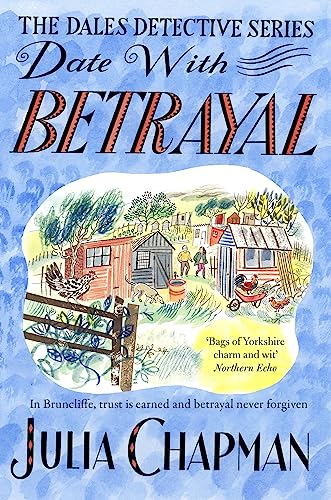 Book cover for Date With Betrayal featuring a watercolor illustration of sheds and chickens.