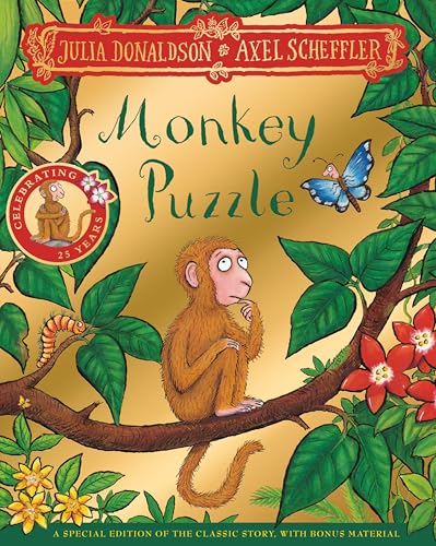 Book cover for Monkey Puzzle featuring a monkey sitting on a branch, gold background.