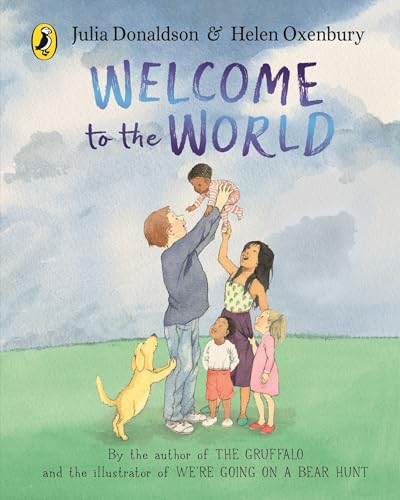 Book cover: family with baby, dog, and watercolor sky illustration.