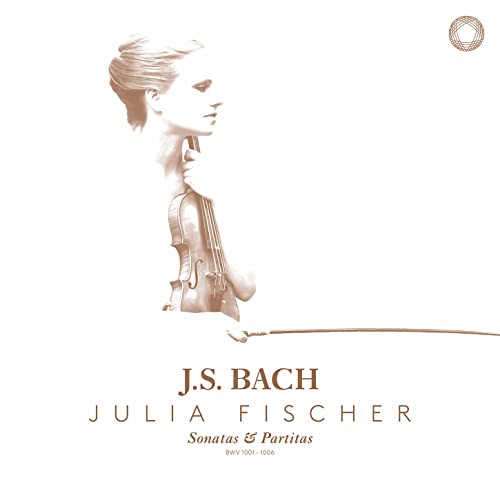 Sepia-toned portrait of violinist Julia Fischer with her instrument.