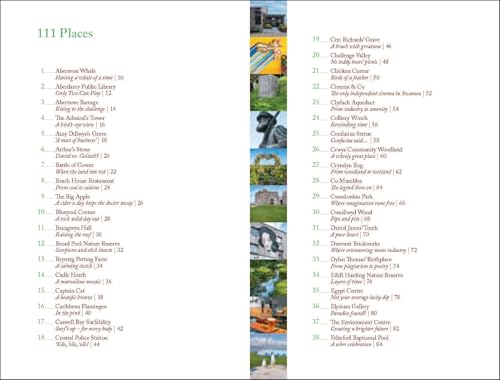 Two open pages of a guidebook listing numbered sights in Swansea with small photos.