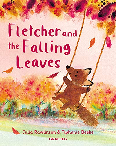 A brown fox swings on a rope swing amidst colorful autumn trees and falling leaves.