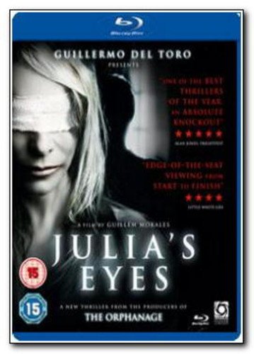 Blu-ray cover for "Julia's Eyes" featuring a blindfolded woman’s face.