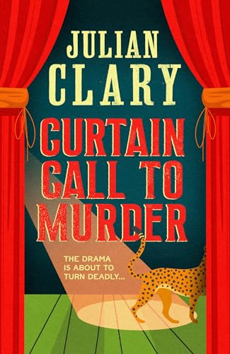 Book cover: red curtains, spotlight, leopard, and title “Curtain Call to Murder.”
