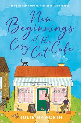 Book cover illustration of a cat cafe with people and cats under blue skies.