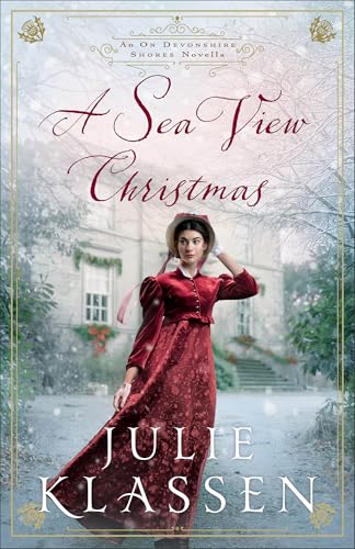 Book cover: woman in red dress, snowy coastal house, winter scene.
