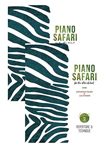 Piano Safari Level 2 book cover with zebra stripe background.