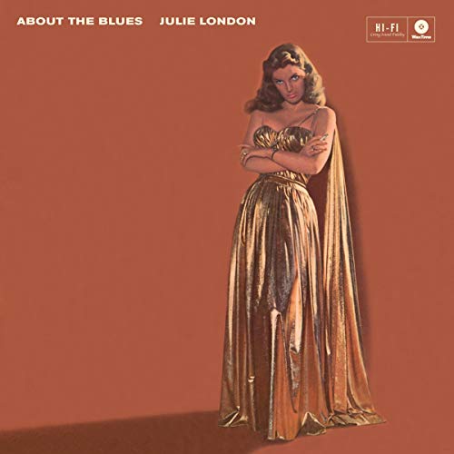 Julie London album cover, “About The Blues”, featuring a posed woman in gold.