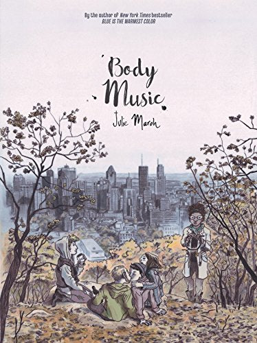 Book cover: "Body Music" with illustrated cityscape and figures on a hill.
