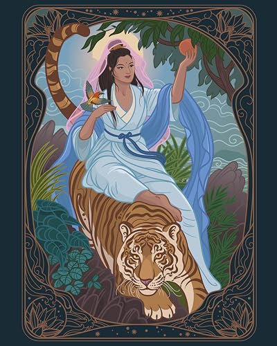An illustration of a woman in blue robes riding a tiger in a forest.