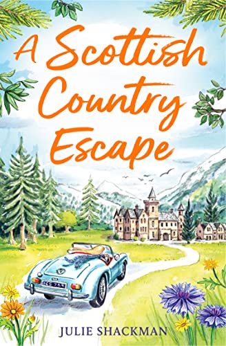 Book cover featuring a blue vintage car, a large house, and mountains in watercolor.