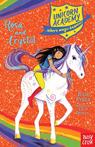 A girl with long dark hair rides a white unicorn on a sparkly orange background.