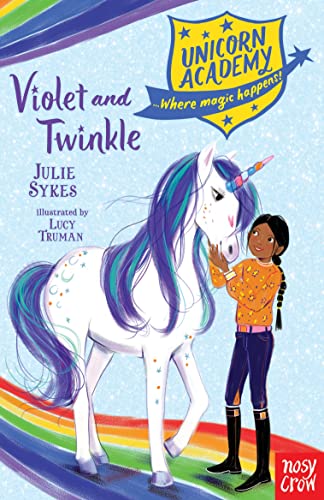Book cover: girl with a white unicorn having a blue mane.