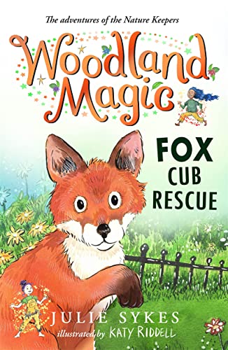 Book cover: orange fox cub, floral background, "Woodland Magic" title.