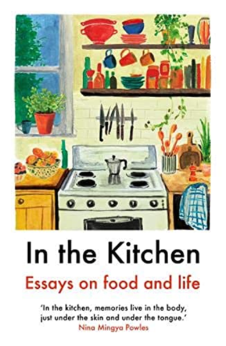 A watercolor illustration of a kitchen with a stove, shelves, and cooking utensils.