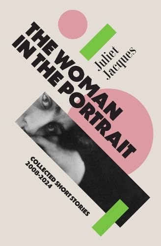 Book cover with a black and white portrait and abstract pink shapes.