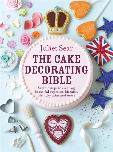 Book cover titled The Cake Decorating Bible surrounded by various decorated cookies and tools.