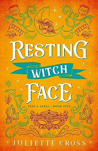 Book cover with orange background, ornate green and blue lettering, and magical symbols.