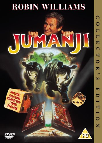 Jumanji DVD cover featuring Robin Williams, rhinos, and a game board.