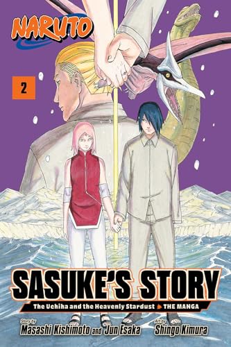 Sakura and Sasuke stand holding hands on a manga cover with a large dinosaur.