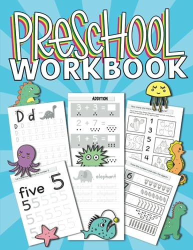 Preschool workbook cover with letters, numbers, animals, and activity pages.