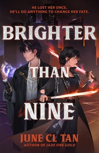 Book cover: two figures with glowing swords in a city setting.