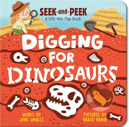 Board book cover with a girl, dinosaur bones, and a magnifying glass.
