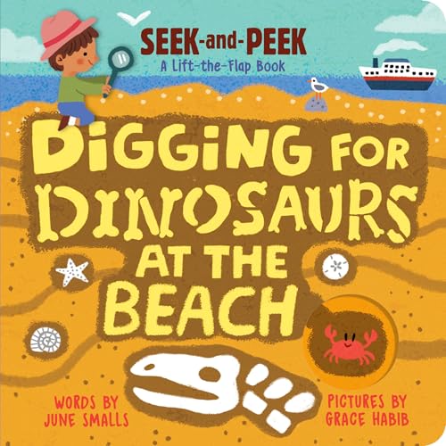 Children’s book cover with dinosaur fossils, beach scenes, and a child digging.