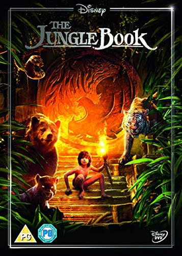 The Jungle Book DVD cover featuring Mowgli with a torch surrounded by jungle animals.