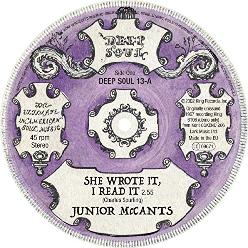 Purple vinyl record with ornate design, featuring "Junior McCants" and song titles on a white background.